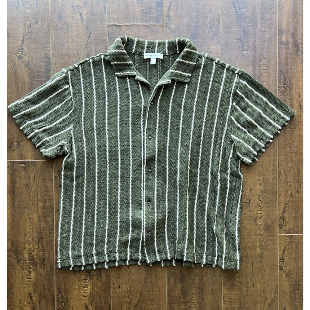 Banana Republic Stripe Jacquard Beige Green Short Sleeve Resort Shirt Large
